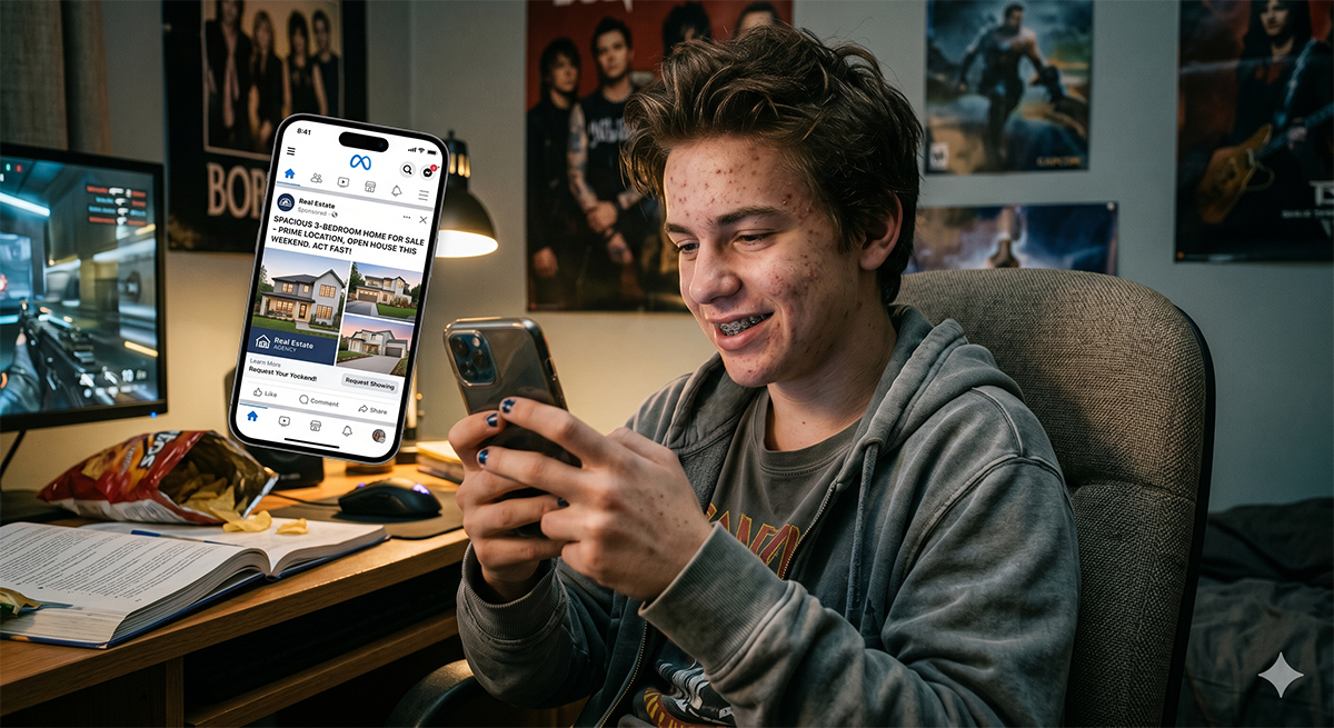 Teenager seeing a real estate ad on Facebook